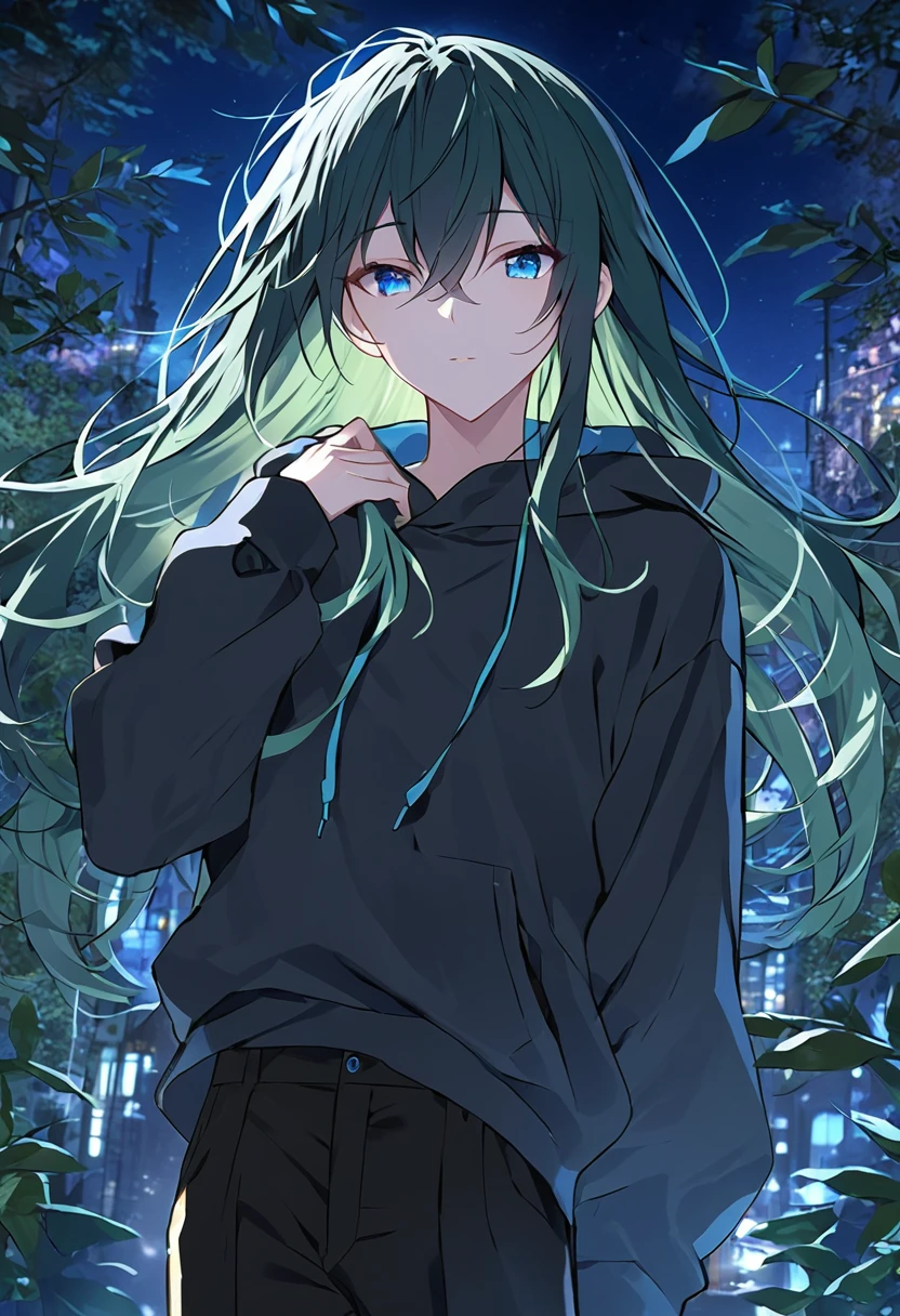 Highest quality、Highest quality、Very detailedな、Perfect Face、Very detailed、The perfect human body、very delicate and fine、1 boy、Long black hair、The hair is waist-length、Mint green hair、Bright Blue Eyes、Wearing a big black hoodie、Black trousers、night、Detailed Background