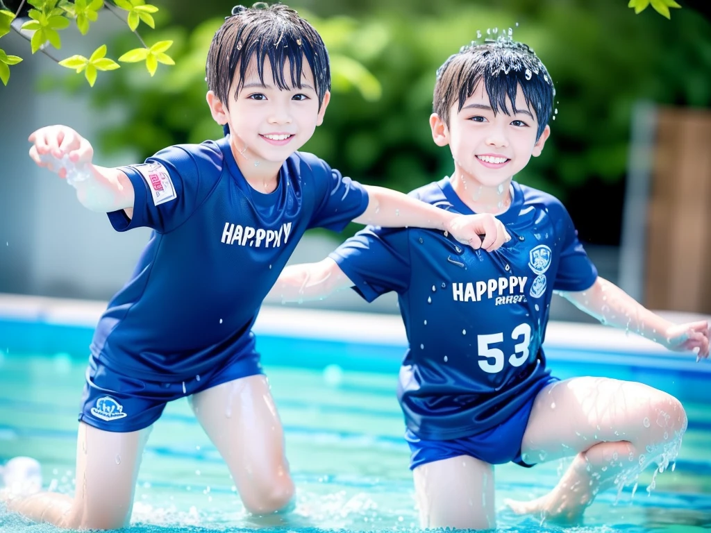 hot summer、、Summer swimming pool、Fun every day、Get wet all over、Japan Boy、Glowing water splashes、Pool lessons、Boy playing in water、The happy boys、Strong sunlight、Short sleeve gym uniform、Blue shorts、barefoot,Boys only 、10age、high resolution、masterpiece
