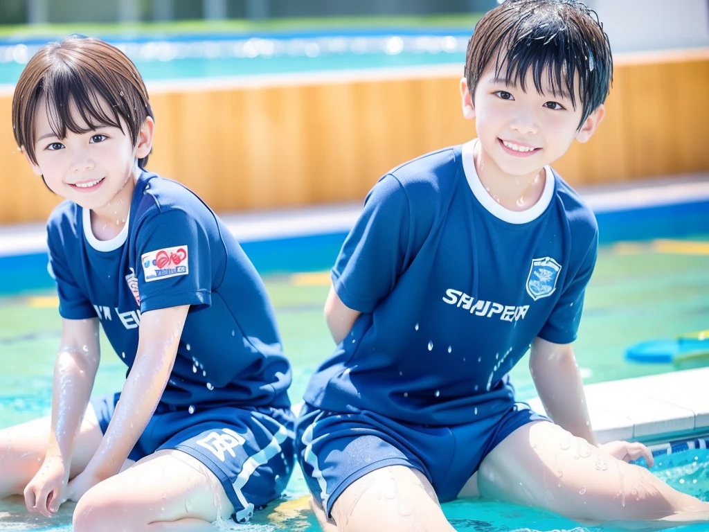 hot summer、primary school、Summer swimming pool、Fun every day、Get wet all over、Japan Boy、Glowing water splashes、Pool lessons、Boy playing in water、The happy boys、Strong sunlight、Short sleeve gym uniform、Blue shorts、barefoot,Boys only 、10age、high resolution、masterpiece