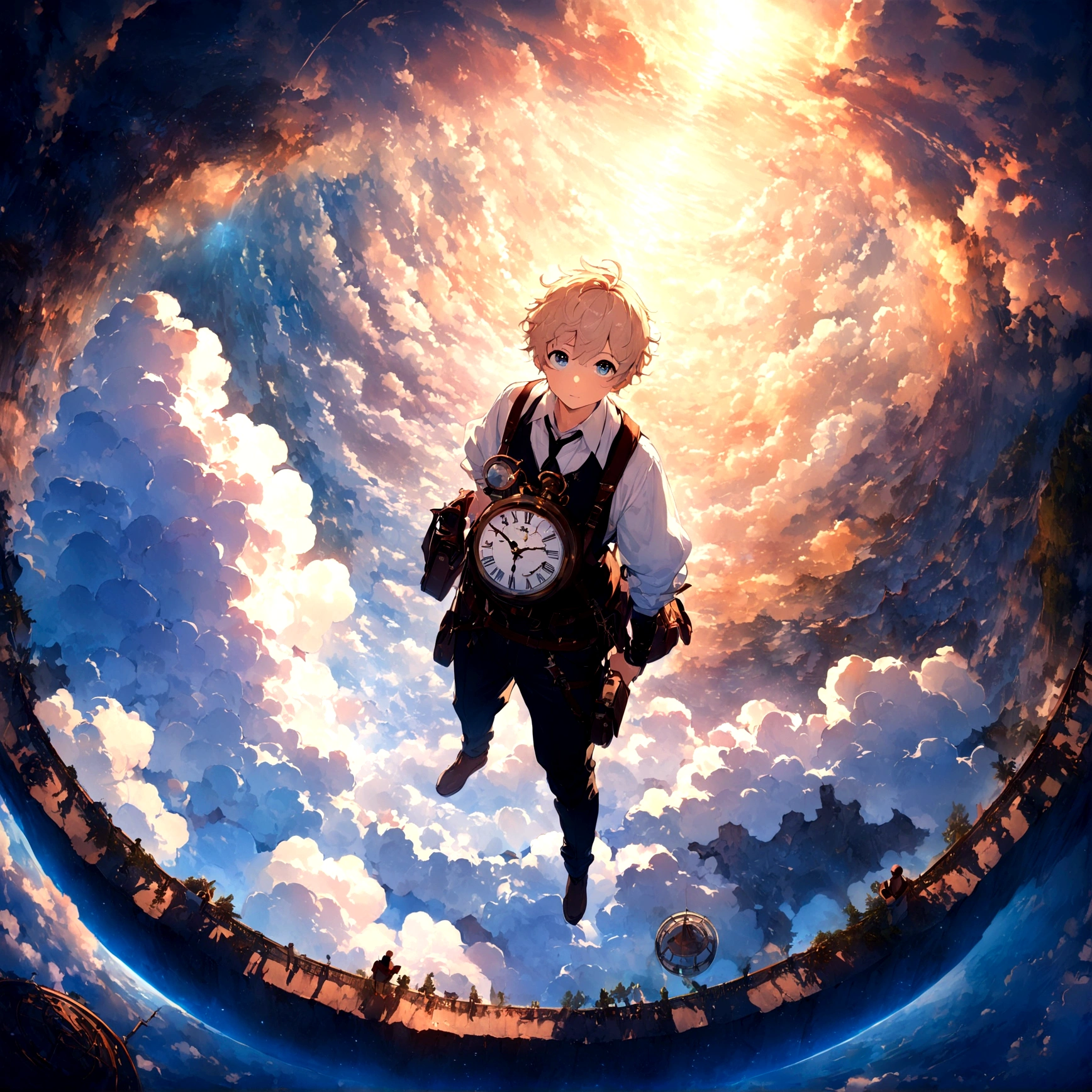 Very detailed CG Unity 8K 壁紙、Cinematic lighting、lens flare、beautiful detailed eyes、landscape、Ultra HD、cloud、8K quality、ultra sharp、Real light、surreal、Funny resolutions, A high resolution, (masterpiece:1.4), Very detailed, One boy One boy One boy One boy, view from above, space, Floating, - At six o'clock'times
