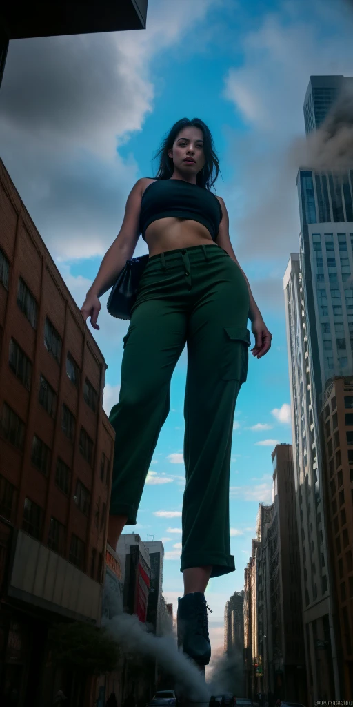 "A towering Giantess in a cool and laid-back hippie style is rocking a crop top and baggy pants. Her toned and athletic build hints at her massive strength. She seems to be casually strolling through the bustling cityscape of GTS City, as towering buildings loom overhead. Smoke and clouds roil around her, adding to the sense of epic scale and drama. The lighting is dark, gloomy, and realistic, creating a tense and ominous atmosphere. The perspective is from below, emphasizing the sheer majesty and power of the Giantess."