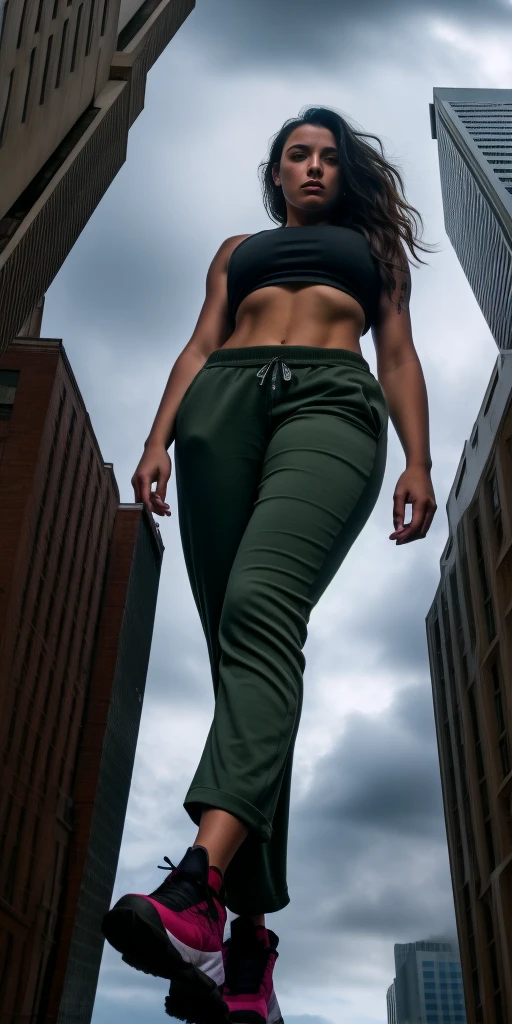 "A towering Giantess in a cool and laid-back hippie style is rocking a crop top and baggy pants. Her toned and athletic build hints at her massive strength. She seems to be casually strolling through the bustling cityscape of GTS City, as towering buildings loom overhead. Smoke and clouds roil around her, adding to the sense of epic scale and drama. The lighting is dark, gloomy, and realistic, creating a tense and ominous atmosphere. The perspective is from below, emphasizing the sheer majesty and power of the Giantess."