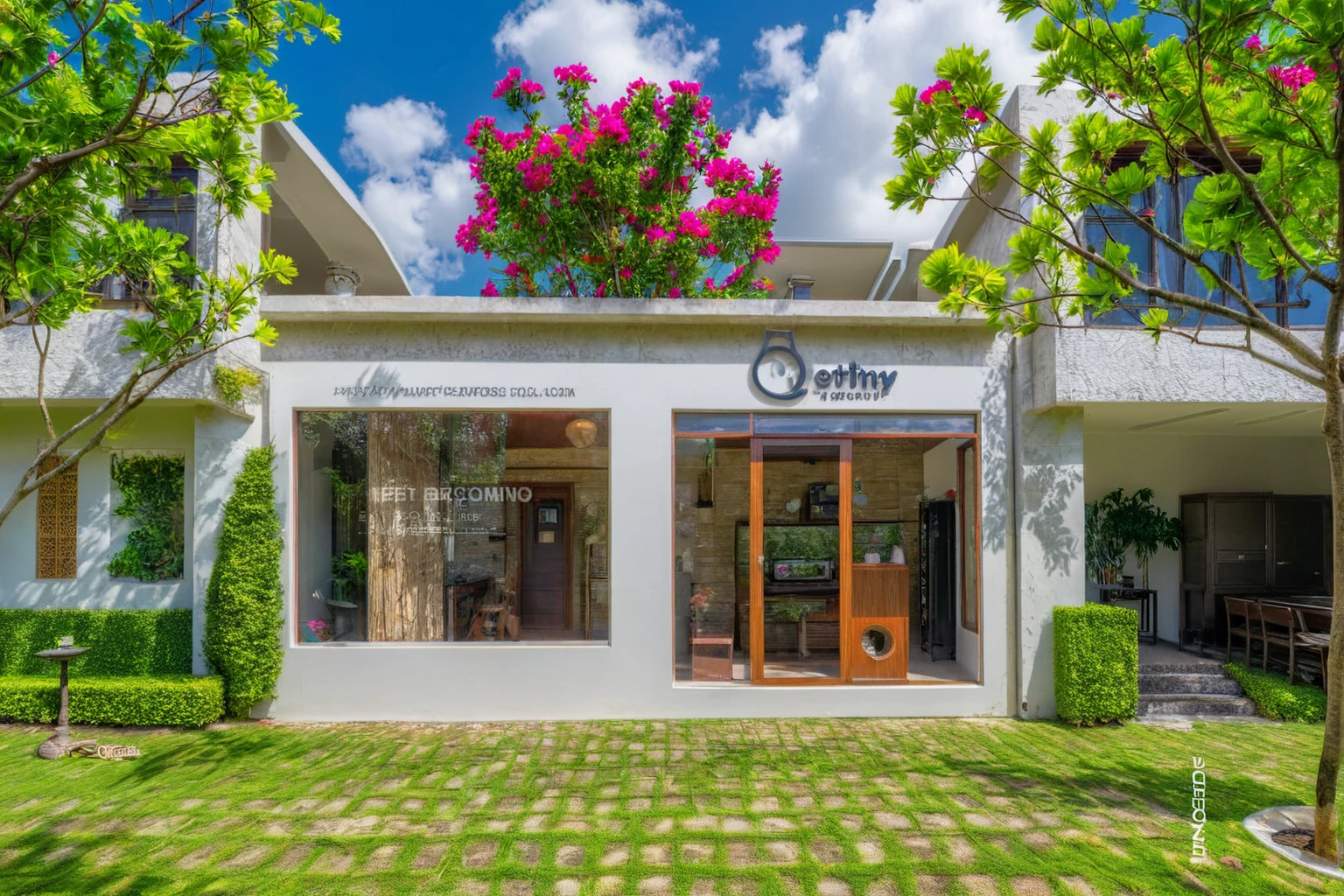 Raw photo,Masterpiece, high quality, best quality, authentic, super detail, exterior, outdoors, house style indochine, Many bougainvilleas along the road ,aiaigroup road,pavement, grass, trees, sky, cloud, (day:1.1), vivid colour