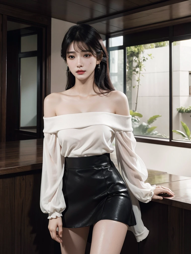 absurdres, RAW photo, extremely delicate and beautiful, masterpiece, Best Quality, ultra high resolution, 32k, hyperrealistic, ultra-detailed, delicate facial features, beautiful detailed woman, tearful mole, earring, medium breasts, full body shot, medium hair, black hair, blouse, short skirt, off shoulder,
