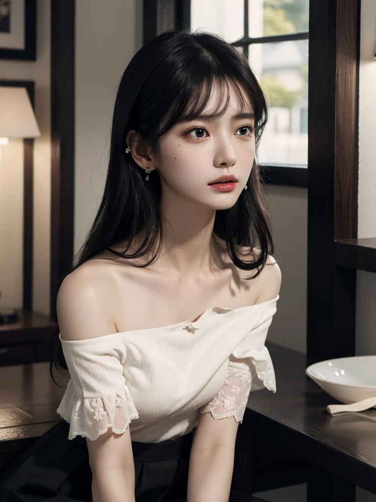 absurdres, RAW photo, extremely delicate and beautiful, masterpiece, Best Quality, ultra high resolution, 32k, hyperrealistic, ultra-detailed, delicate facial features, beautiful detailed woman, tearful mole, earring, medium breasts, full body shot, medium hair, black hair, blouse, short skirt, off shoulder,