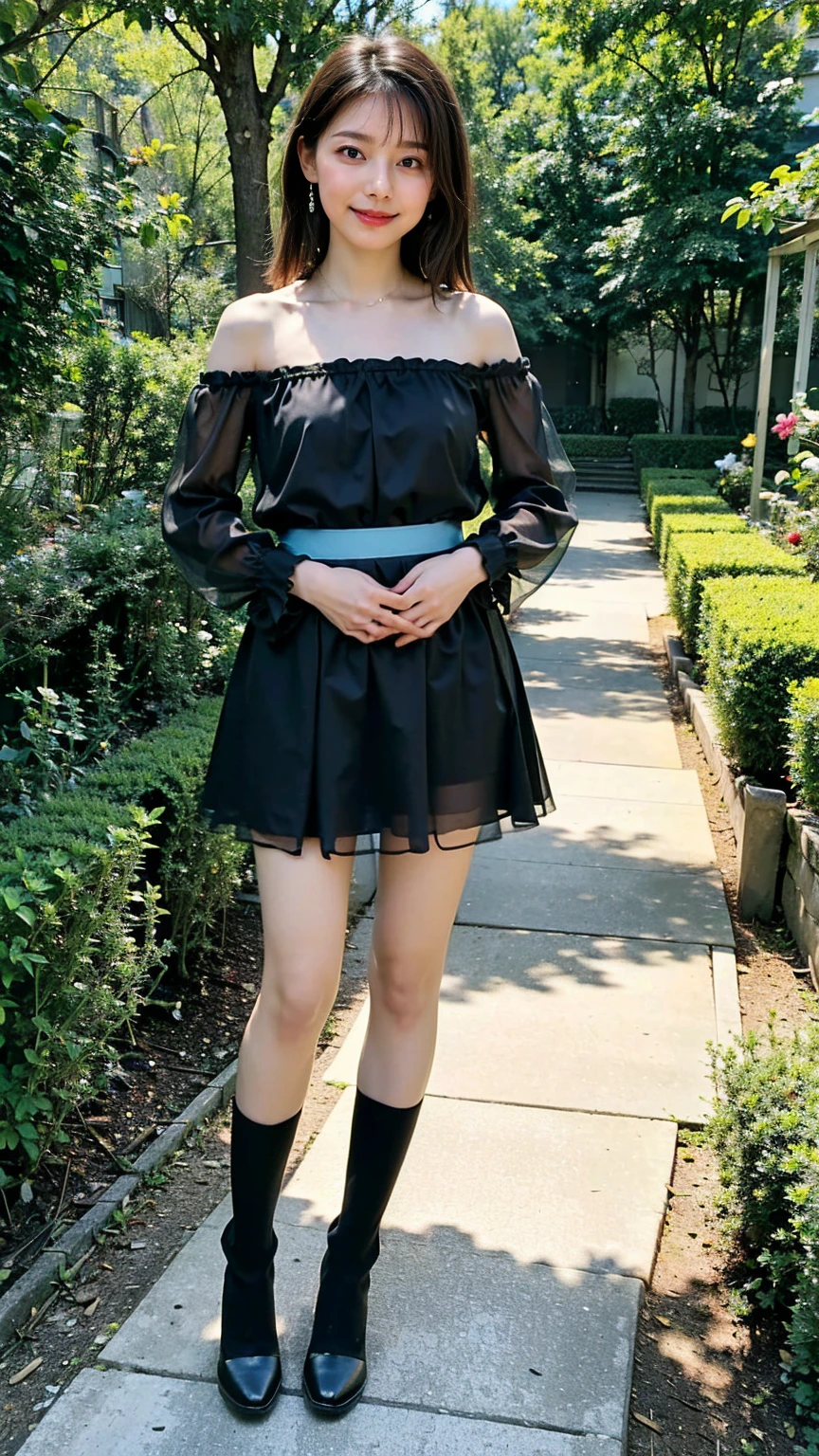 (8K、RAW Photos、Highest quality、masterpiece:1.2)、(Highest quality、Realistic)、1 Girl、((Frills、See-through、Off the shoulder、tights、Light blue and black mini skirt、Thin legs、whole body、boots、garden、View from the front、Looking into the camera、Idol Costume、、Stand with hands on hips))、cute