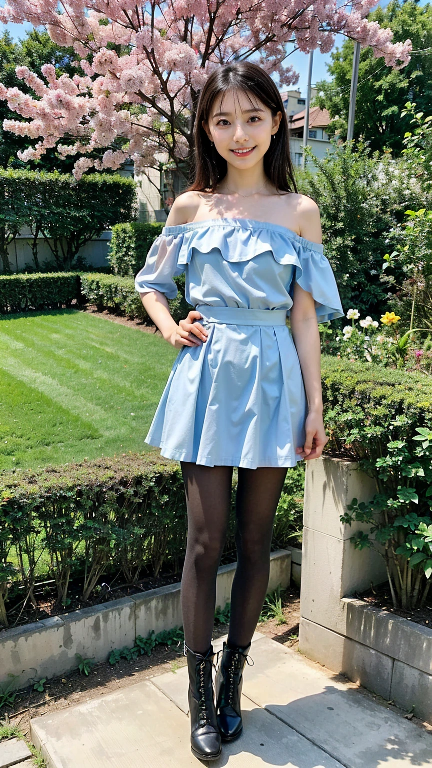 (8K、RAW Photos、Highest quality、masterpiece:1.2)、(Highest quality、Realistic)、1 Girl、((Frills、See-through、Off the shoulder、tights、Light blue and black mini skirt、Thin legs、whole body、boots、garden、View from the front、Looking into the camera、Idol Costume、、Stand with hands on hips))、cute