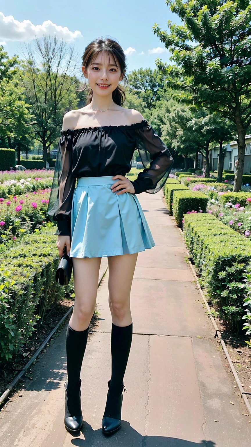 (8K、RAW Photos、Highest quality、masterpiece:1.2)、(Highest quality、Realistic)、1 Girl、((Frills、See-through、Off the shoulder、tights、Light blue and black mini skirt、Thin legs、whole body、boots、garden、View from the front、Looking into the camera、Idol Costume、、Stand with hands on hips))、cute