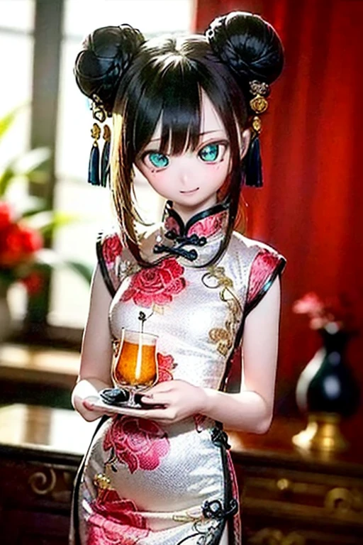 (SFW:2), photorealistic, realistic photo, 8k, ((highest quality)), ((masterpiece)), (extremely detailed), kukolnydom, doll, female, 20yo, 20 years old, solo, ((cowboy shot)), (skinny, slender, slim, light smile, parted lips), green eyes, brown hair, double buns, (plastic skin, looking at another, glass eyes, shining eyes, detailed eyes, detailed face:1.3), china dress, qipao, chinese room