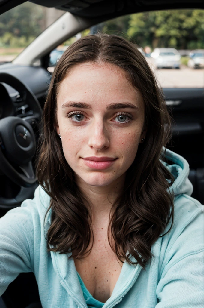 RAW photo, a 22-year-old-girl, upper body, selfie in a car, blue hoodie, inside a car, driving, (lipstick:0.7), soft lighting, high quality, highres, sharp focus, extremely detailed, (sunlight on face), beautiful detailed eyes, masterpiece, cinematic lighting, dslr, Fujifilm XT3