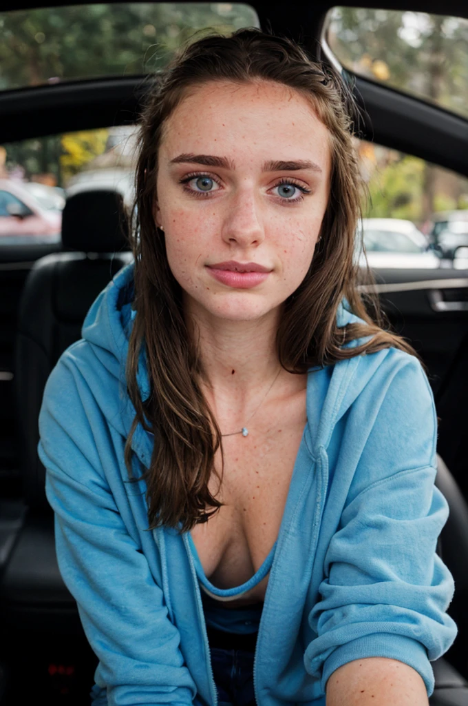 RAW photo, a 22-year-old-girl, upper body, selfie in a car, blue hoodie, inside a car, driving, (lipstick:0.7), soft lighting, high quality, highres, sharp focus, extremely detailed, (sunlight on face), beautiful detailed eyes, masterpiece, cinematic lighting, dslr, Fujifilm XT3