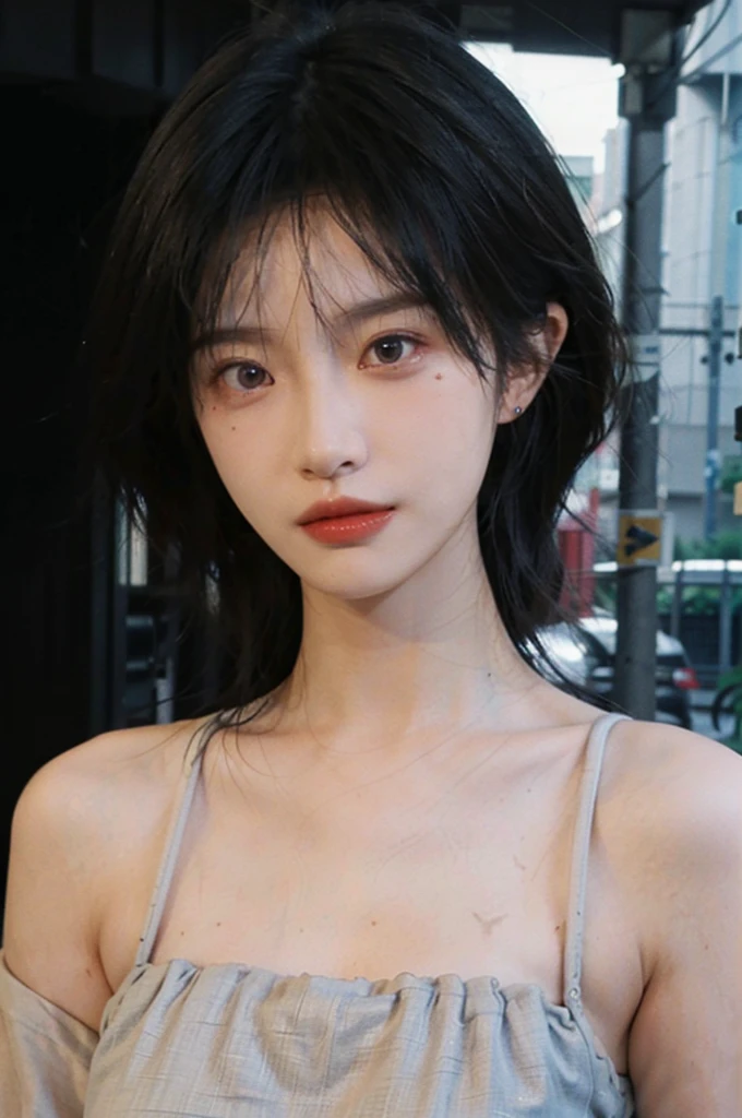 (smooth skin textures:1.3), Lipstick, Upper body,Upper Body,background, earrings, serene, calm, (Dress conservatively:1.6),(Realistic and detailed eyes:1.2), Natural skin texture, Realistic facial details, Soft dramatic lighting, Vivid details, outdoor, (Photo Practical:1.4), (hyper Practical:1.4), (Practical:1.3), (Improve lighting quality:0.9), (Highest quality real skin textures:1.4), (Enhance the beauty of skin texture:1.1), Hair details, model, short hair, Moles under the eyes, Portrait Photography, Depth of Field, Bokeh, Surrealism, Ray Tracing, (Portrait Photography:1.1), Surrealism, High Detail, Chiaroscuro, Ray Tracing, reflected light, Ultra HD, Ultra HD, masterpiece, Textured Skin, Super Detail, High Detail, high quality, best quality