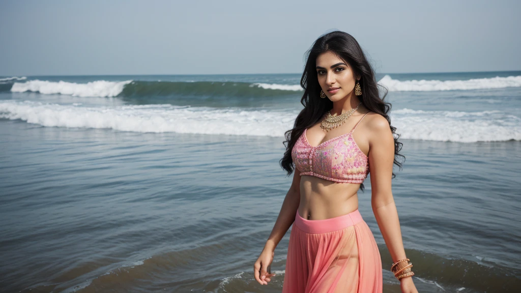 Indian cute 30 years old unmarriage women life like, high - resolution women with a perfect figure Super fine face and eyes, slong hair, Arya Stark (highly detailed face), eyes symmetry, face symmetry, in the beach, smirking, playful teasing sassy poses for adults only magazine, (wearing vibrant color trendy designer choli long skirt), round deep navel, evening sky, wave tides, HDR, hyper realistic