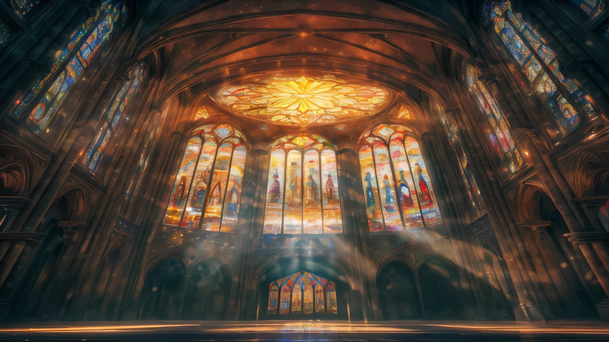 (Highest quality,4K,8K,High resolution,masterpiece:1.2), Super detailed, (Realistic,photoRealistic,photo-Realistic:1.37), Huge stained glass artistic decoration depicting a cosmic cathedral, Unknown painter, Space theme, (Tyndall effect, Visible light penetrating the interior of the cathedral), View from below, Majestic, Perfect illustration, Anime Realism