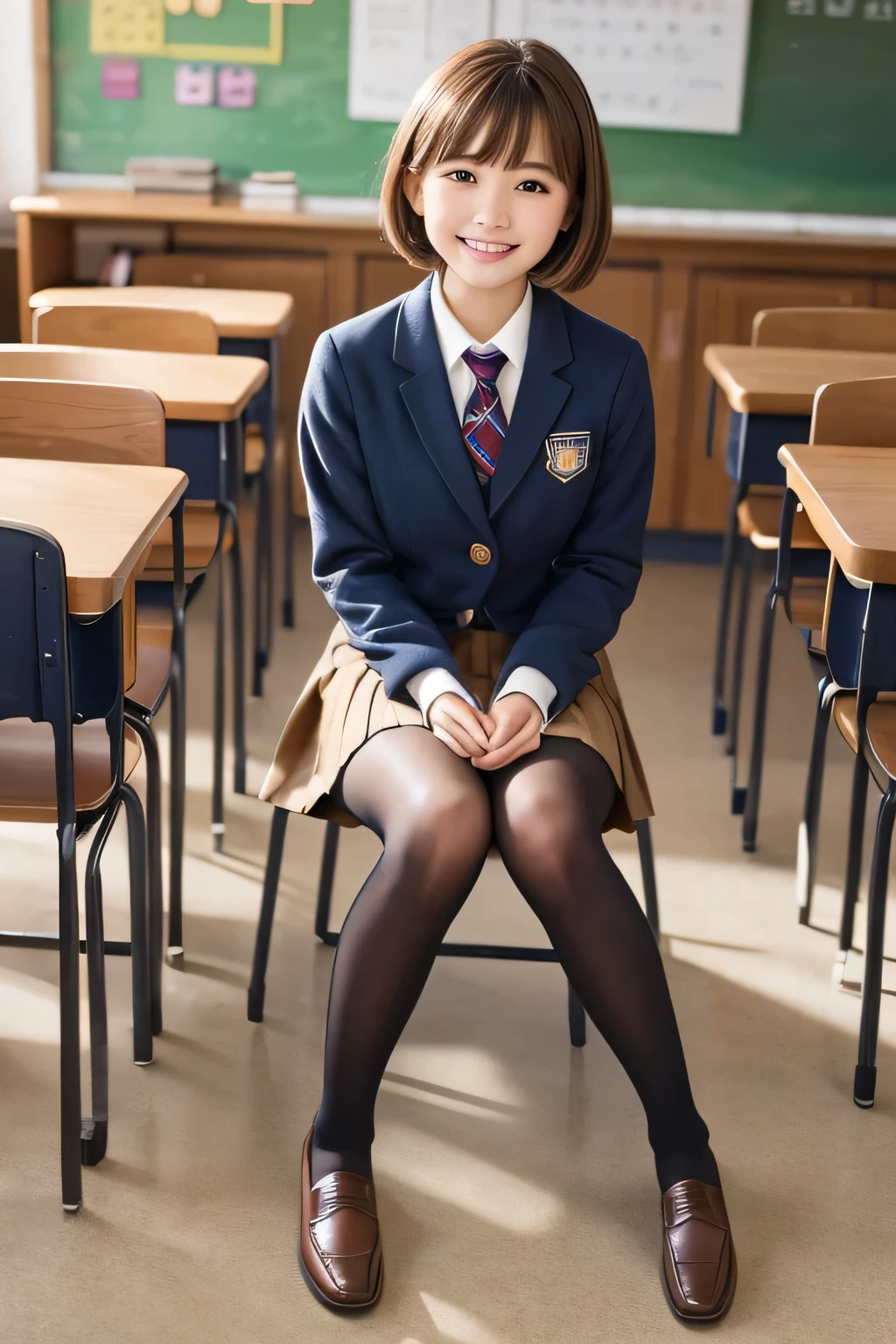 Highest quality、High school girl sitting on a chair、uniform、Knee-length skirt、tights、loafers、Full body photo、 Light brown hair、Short Haircut、smile、Beautiful teeth alignment、、Intricate details, Very detailed:1.2), 、 Looking into the camera,The background is the classroom