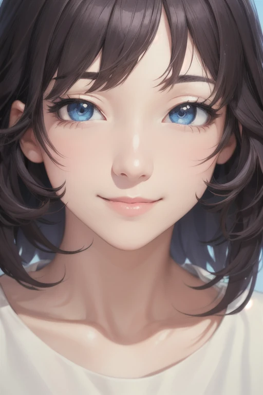 girl,Character design sheet,Beautiful attention to detail,Beautiful lip detail,Highly detailed eyes and face,Long eyelashes,Realistic,photoRealistic:1.37,Super detailed,Professional,Vibrant colors,Portraiture,Studio Lighting,Sharp focus,Physically Based Rendering,High resolution,超High resolution. blue eyes, Long Hair,Hair blowing in the wind、Black Hair,Lowering the eyes,White Shirt,Wink,Smile