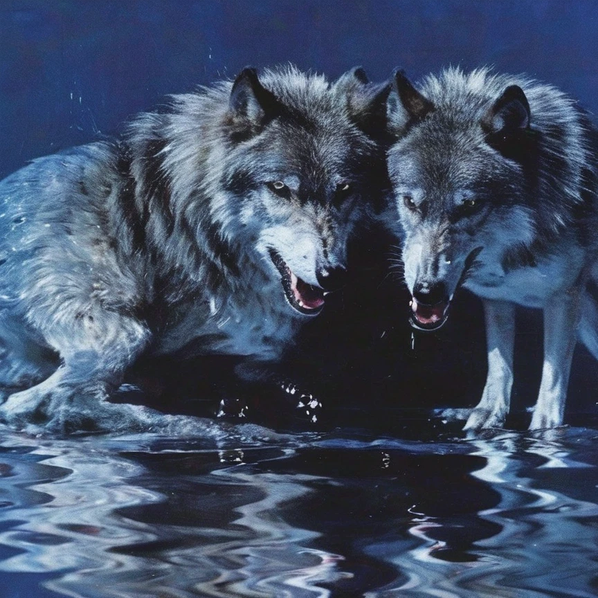 defragment glitched wolf in water, blue background