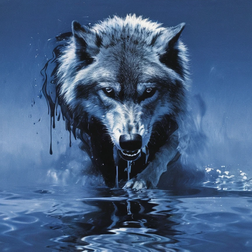defragment glitched wolf in water, blue background