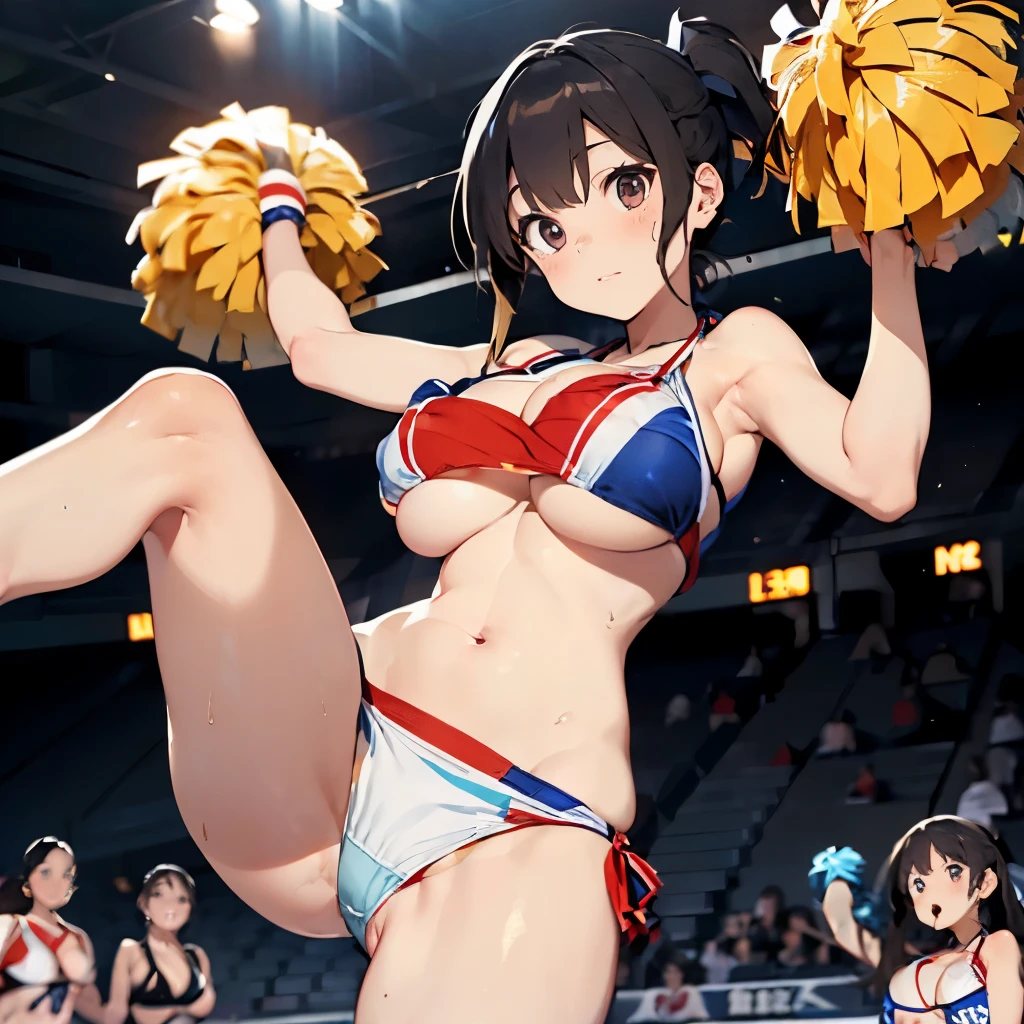 nsfw:1.5,(Ultra flat, Flat Shading), Honors Type, Really blushing, , (Cheerleading match:1.5), Wear White (High cut T-back bikini swimwear:1.5), Wedge Shape:1.5, Camel Toe:1.7, Sneakers, Ponytail Brown Hair, Sweaty healthy body, ローションと汗でwhole bodyびしょ濡れ, barefoot, belly button, Ultra-realistic, Wind, In crowded public places, Jump:1.5、Jumping、(bare breasts:1.5)、((showing off nipples:1.5))、Underhow off nipple:1.5)、(bra lift:1.5)、whole body、(Huge Breasts:1.8)、 slip out、Falling Breasts