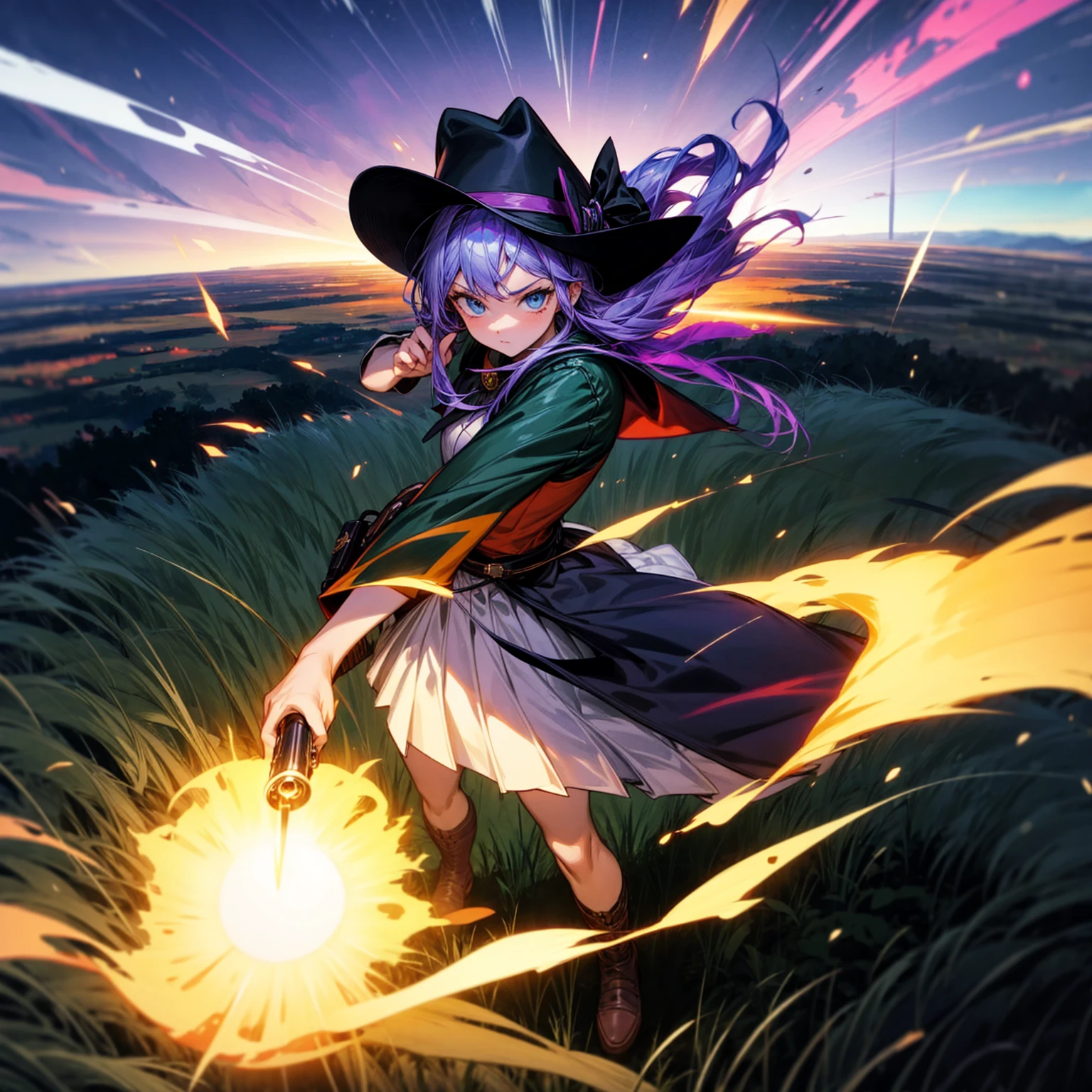 1girl, Full body version, 1character, adult version, blue eyes color, long haircut, purple colour hair, medieval style clothing, cowboy hat, revolver in hand, Grassroots, background in green field, motion blur, plasma effect, lighting revolver, fire revolver, fire, smoke revolver, smoke effect, aura effect, lighting, (Hunter x Hunter style), standing gesture, high angle view