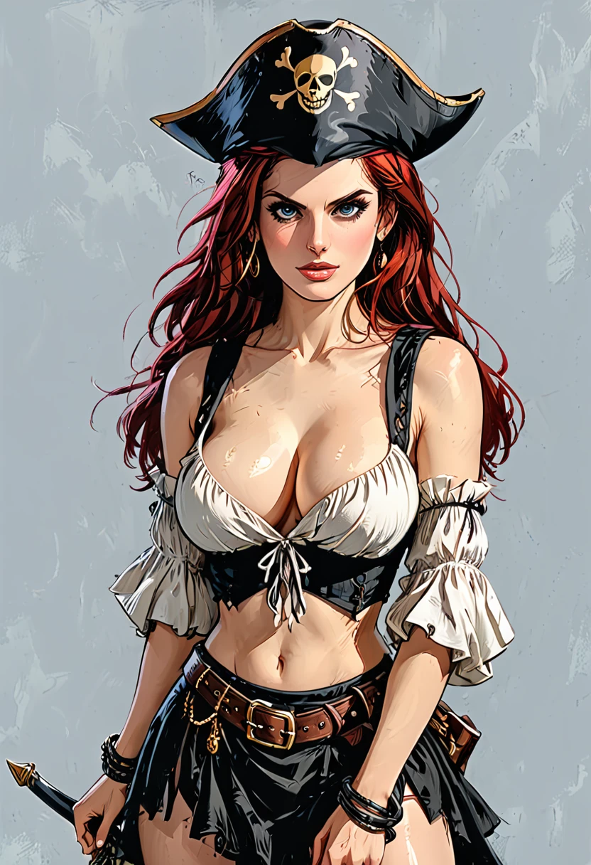 A beautiful sexy woman with long, shiny red hair, a tender face, a warm, friendly look, a fit figure, big breasts, naked, puff sleeve pirate shirt, skirt straps, Leader im Fantasy-Style, Sleeveless, bares her waist, a bracelet adorns her wrist, leans back erotically, This character embodies a finely crafted fantasy pirate, exquisiter (Alexandra Daddario:1.2), High Resolution, best quality, highres, Ultra-detail, Finest painting, extremely sensitive, Specialist, anatomically correct, symmetrical face, extremely detailed eyes and face, High quality eyes, creativity, RAW-Foto, uhd, 32k, natural light, cinematic lighting, masterpiece-anatomy-perfect, masterpiece:1.5. hige ass from behind. white background, full body. tricorn hat