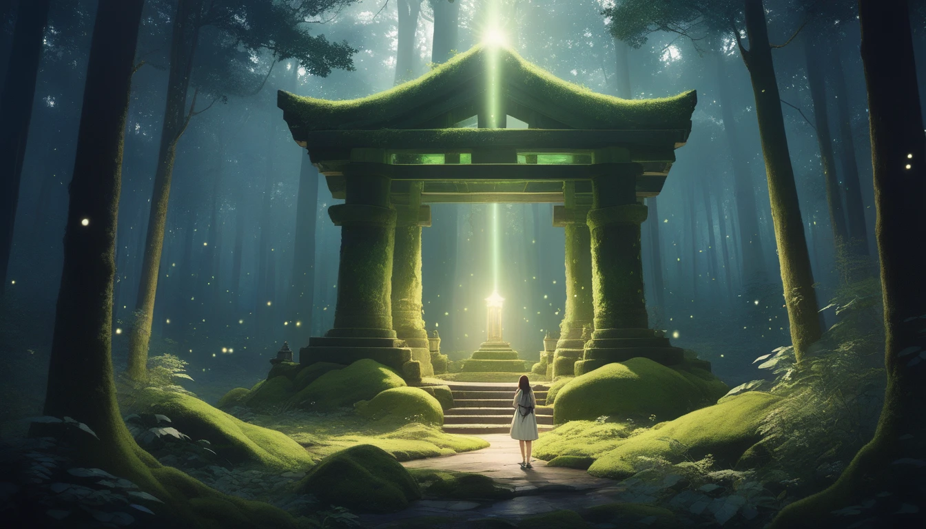 18years old girl standing before an ancient, moss-covered shrine in the forest. The shrine is surrounded by a soft, mystical glow and fireflies, as a gentle spirit's voice echoes through the air.