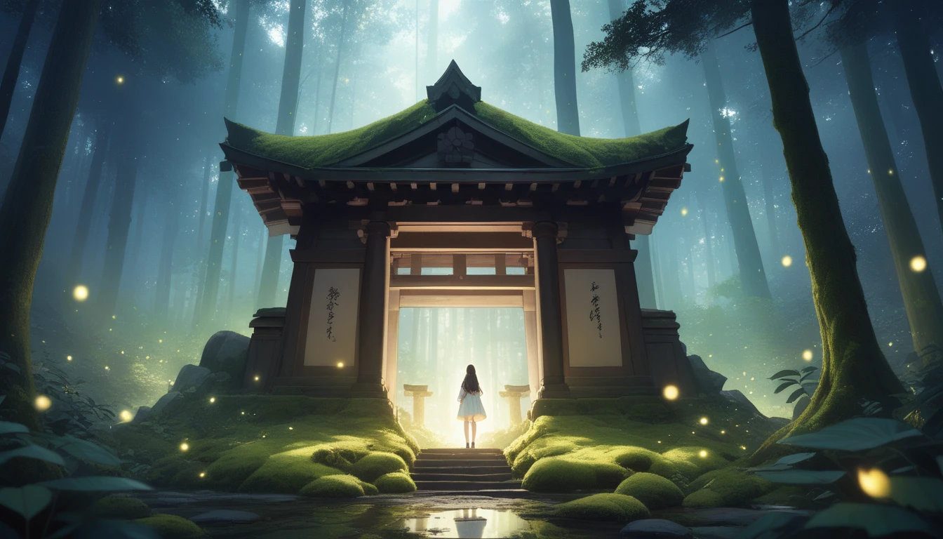 18years old girl standing before an ancient, moss-covered shrine in the forest. The shrine is surrounded by a soft, mystical glow and fireflies, as a gentle spirit's voice echoes through the air.