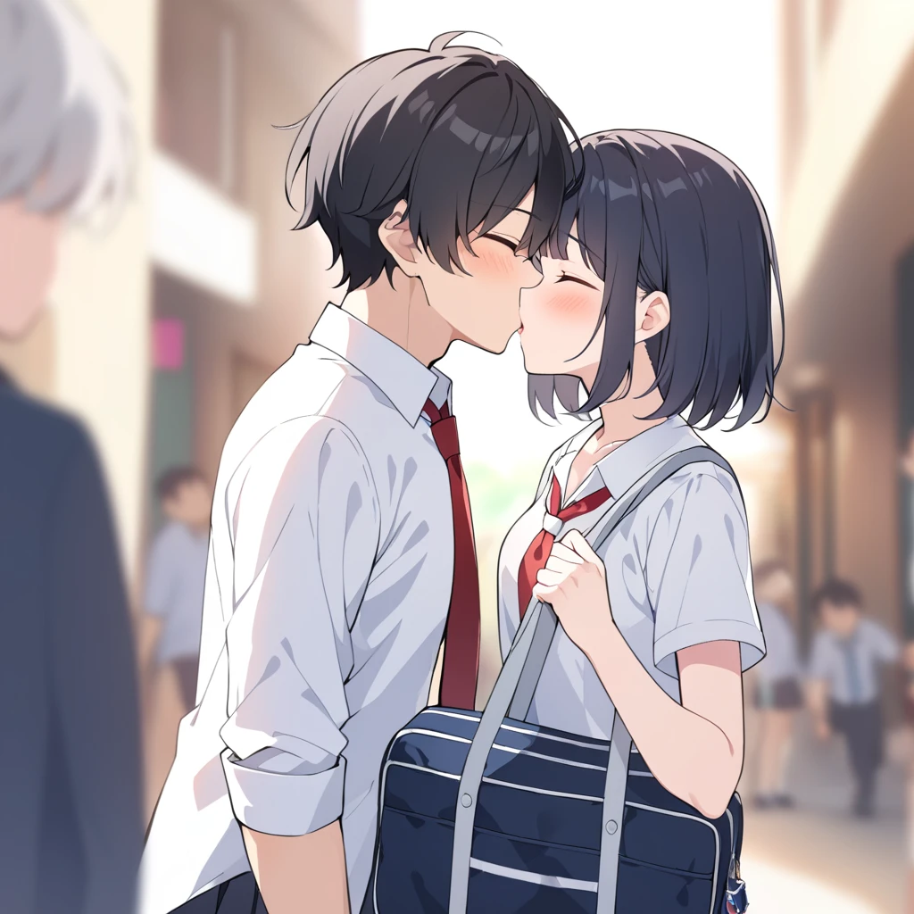1girl, blush, short_hair, bangs, black_hair, eyebrows_visible_through_hair, shirt, 1boy, original, school_uniform, collarbone, closed_eyes, upper_body, white_shirt, hetero, necktie, collared_shirt, bag, blurry, from_side, profile, blurry_background, couple, bob_cut, kiss, red_necktie, school_bag, hand_on_another's_shoulder, french_kiss