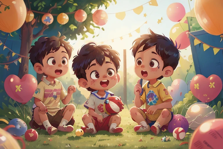 A boy, cute, playing with other boys and girls different ethnicities or races ball, many balloons, happy, happy, perfect quality, clear focus (clutter - home: 0.8), (Masterpiece: 1.2) (Realistic: 1.2) (bokeh) (best quality) ( detailed skin: 1.3) (intricate details) (8k) (eyes detail) (sharp focus), (happy)