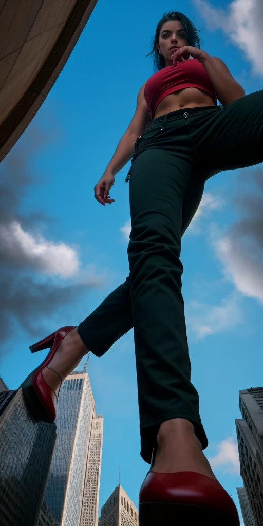 "A towering Giantess in a cool and laid-back hippie style is rocking a crop top and baggy pants. Her toned and athletic build hints at her massive strength. She seems to be casually strolling through the bustling cityscape of GTS City, as towering buildings loom overhead. Smoke and clouds roil around her, adding to the sense of epic scale and drama. The lighting is dark, gloomy, and realistic, creating a tense and ominous atmosphere. The perspective is from below, emphasizing the sheer majesty and power of the Giantess."
