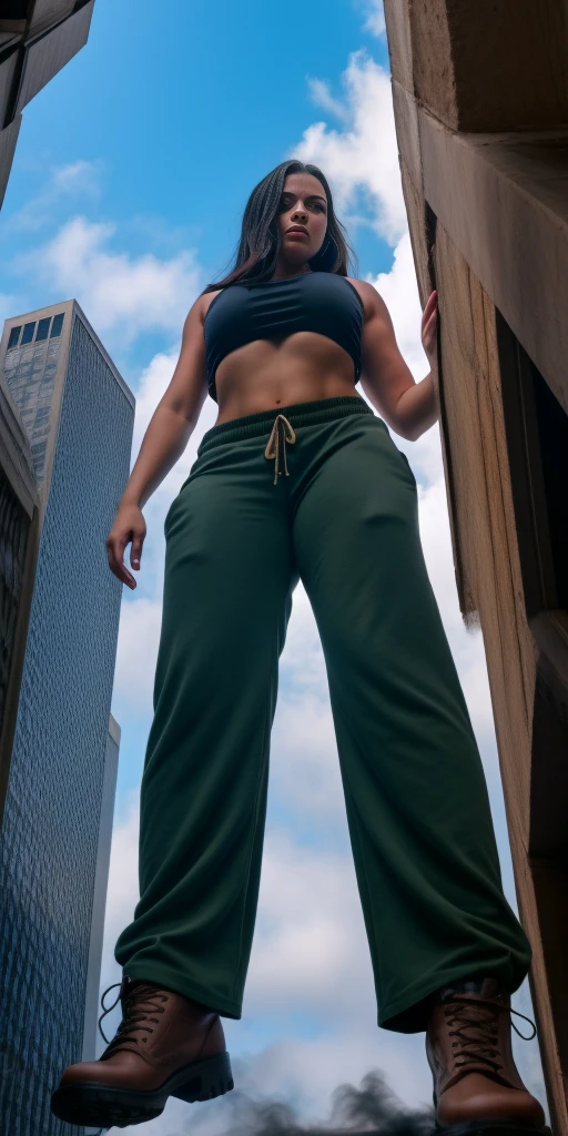 "A towering Giantess in a cool and laid-back hippie style is rocking a crop top and baggy pants. Her toned and athletic build hints at her massive strength. She seems to be casually strolling through the bustling cityscape of GTS City, as towering buildings loom overhead. Smoke and clouds roil around her, adding to the sense of epic scale and drama. The lighting is dark, gloomy, and realistic, creating a tense and ominous atmosphere. The perspective is from below, emphasizing the sheer majesty and power of the Giantess."