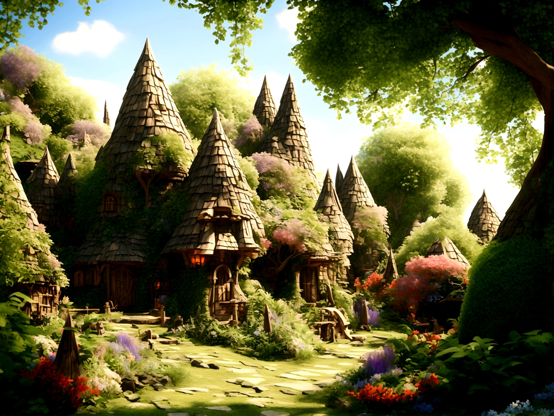 A breathtaking, high-contrast cinematic 8K 3D Disney-style rendering, of a fairy-tale village nestled in a lush forest with dens , . The dens are build in the middle of ancient trees giving then fresh air and shadow. Around the dens, vegetable gardens and gardens full of multicolored flowers