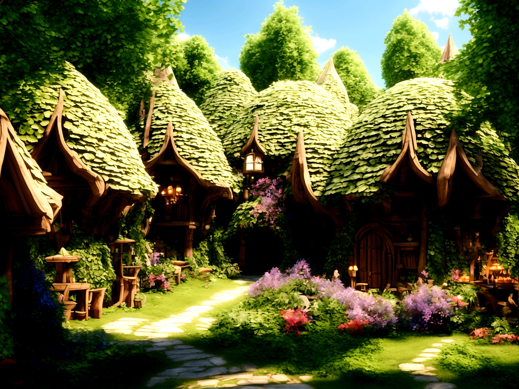 A breathtaking, high-contrast cinematic 8K 3D Disney-style rendering, of a fairy-tale village nestled in a lush forest with dens , . The dens are build in the middle of ancient trees giving then fresh air and shadow. Around the dens, vegetable gardens and gardens full of multicolored flowers