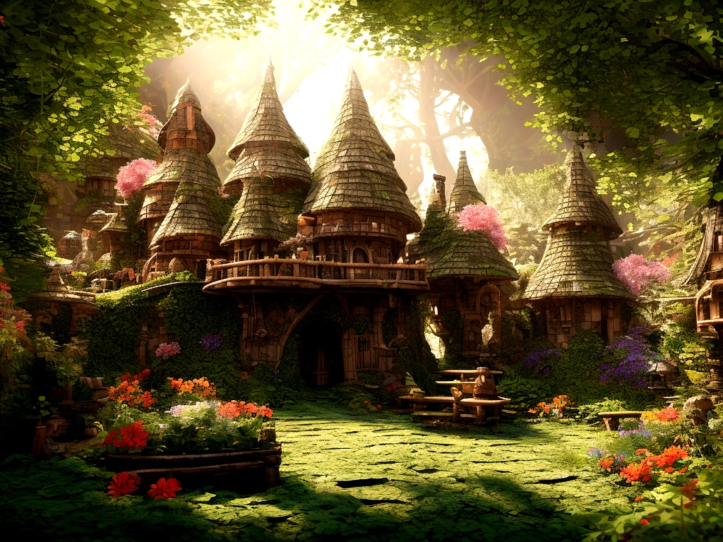 A breathtaking, high-contrast cinematic 8K 3D Disney-style rendering, of a fairy-tale village nestled in a lush forest with dens , . The dens are build in the middle of ancient trees giving then fresh air and shadow. Around the dens, vegetable gardens and gardens full of multicolored flowers