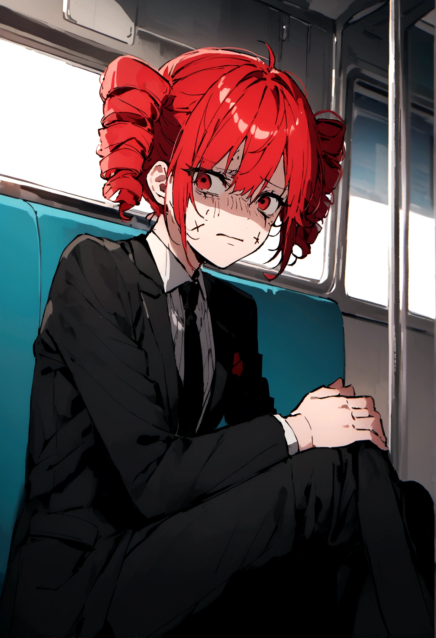 Red hair、Black Suit、Painful face、on the train、Sitting