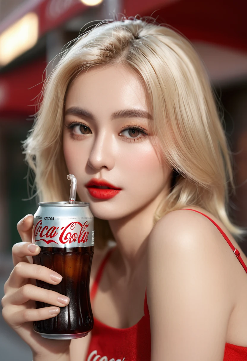 Beautiful girl modern fashion drinks Coca Cola, style,8k resolution, Soft lighting,Super detail in skin and hair texture, Eye,nose, Realistic mouth details,Blonde hair