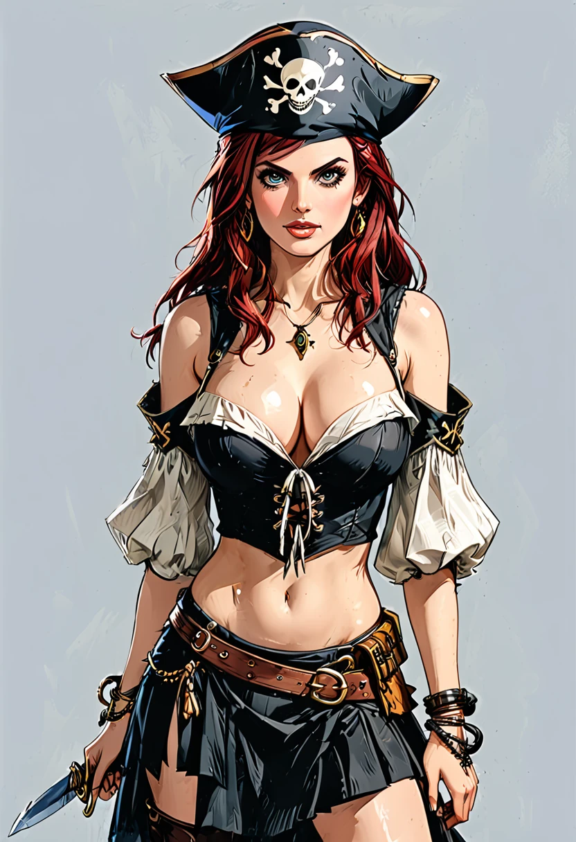 A beautiful sexy woman with long, shiny red hair, a tender face, a warm, friendly look, a fit figure, big breasts, naked, puff sleeve pirate shirt, skirt straps, Leader im Fantasy-Style, Sleeveless, bares her waist, a bracelet adorns her wrist, leans back erotically, This character embodies a finely crafted fantasy pirate, exquisiter (Alexandra Daddario:1.2), High Resolution, best quality, highres, Ultra-detail, Finest painting, extremely sensitive, Specialist, anatomically correct, symmetrical face, extremely detailed eyes and face, High quality eyes, creativity, RAW-Foto, uhd, 32k, natural light, cinematic lighting, ​masterpiece-anatomy-perfect, ​masterpiece:1.5. hige ass from behind. white background, full body. tricorn hat