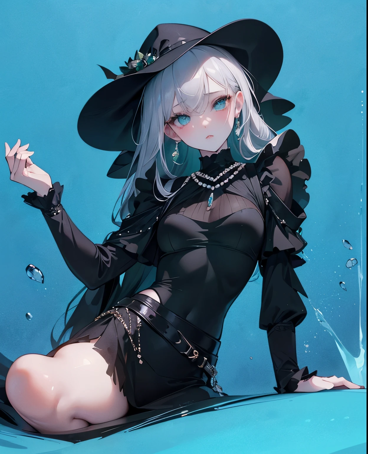 ((dark fantasy)), ((wavy hair, silver hair color, pale skin),(((green aquamarine eyes))), freckles, warm light,( 16 years old),busty,Glamour,Gorgeous,monochromes,erotic posing,Dynamic Posing,Arrange Pose,Dramatic,Cinematic,Detailed background, Dynamic Angle,From the angle of the film,Gothic background, Dark fantastic view,Best Quality,masutepiece,8K,The ultimate detailed dark background, Top image quality、RAW photography、超A high resolution,cropped shoulders, overall look is very erotic、Shot for one person only, model shoot, Large round chest, Beautiful Eyes of Details、Very slender eyes、Beautiful eyelashes、Very slim physique, with blush cheeks,Pearl Beaded Bralet Top, ((pearl top)), opal pearl in hand