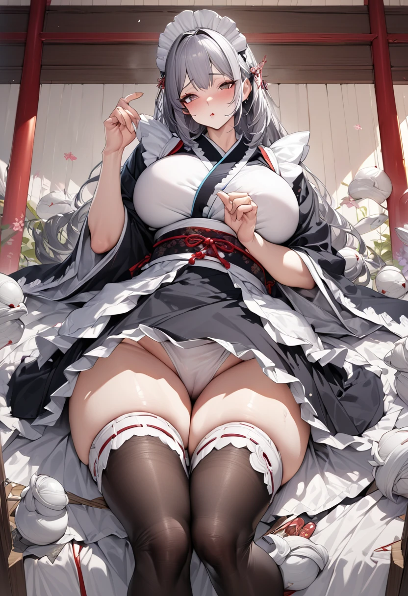 Mature Woman,(Highest quality,Extremely detailed depiction,Incredibly absurd high resolution,Anatomically accurate depiction,Nice hands, Perfect Fingers,Curvy Legs)(Sexy Japanese maid),(kimono,Maid clothes,Maid&#39;s Headband,garter belt,White Stockings),eyelash,Brightly glowing purple eyes,There is cleavage in the chest,Big Breasts,Black Hair,Perfect body,Depict the whole body,background:Japanese-style room
