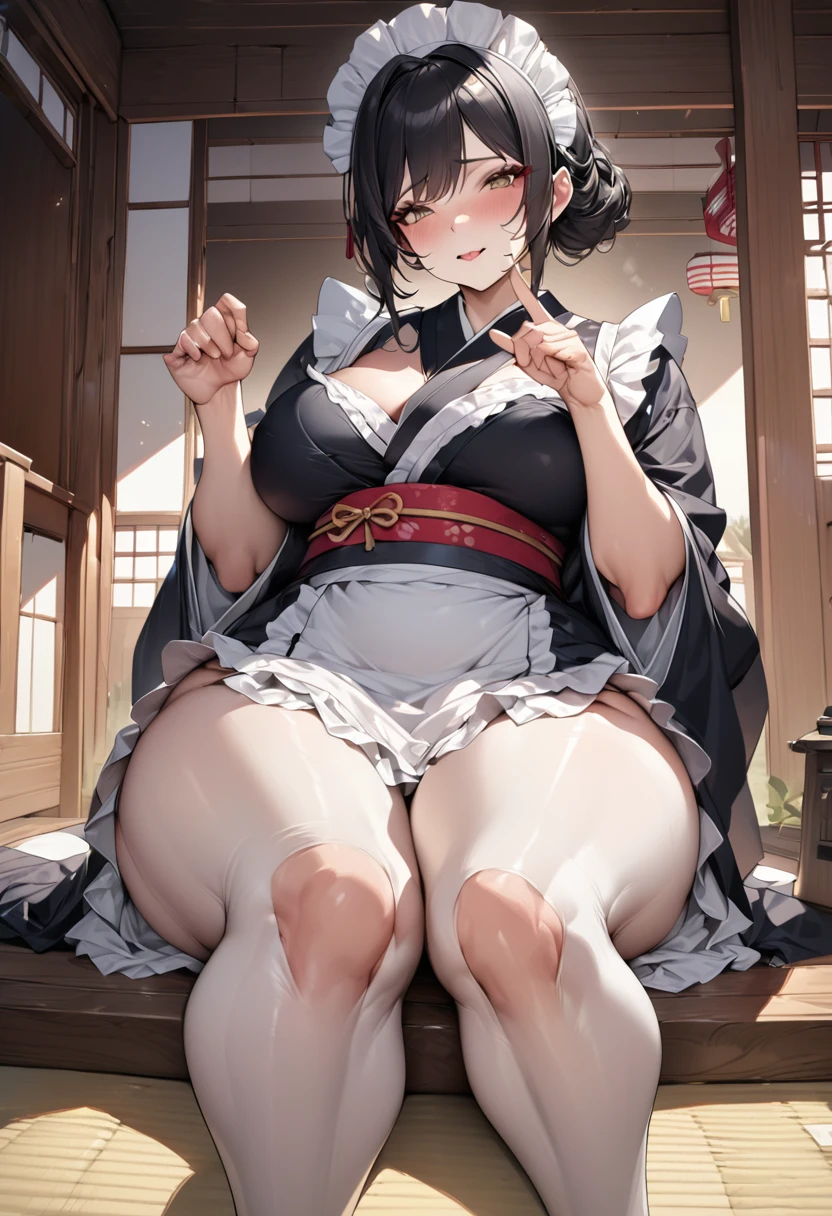 Young beautiful woman,(Highest quality,Extremely detailed depiction,Incredibly absurd high resolution,Anatomically accurate depiction,)(Japanese style maid),A gorgeously patterned kimono,Maid clothes,Maid&#39;s Headband,pantyhose,latex,eyelash,Brightly glowing purple eyes,There is cleavage in the chest,Black Hair,Perfect body,Seductive gestures,background:Japanese-style room at night