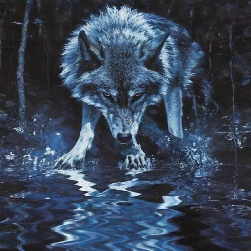 abstract defragment smeared  wolf in water, blue night forest background