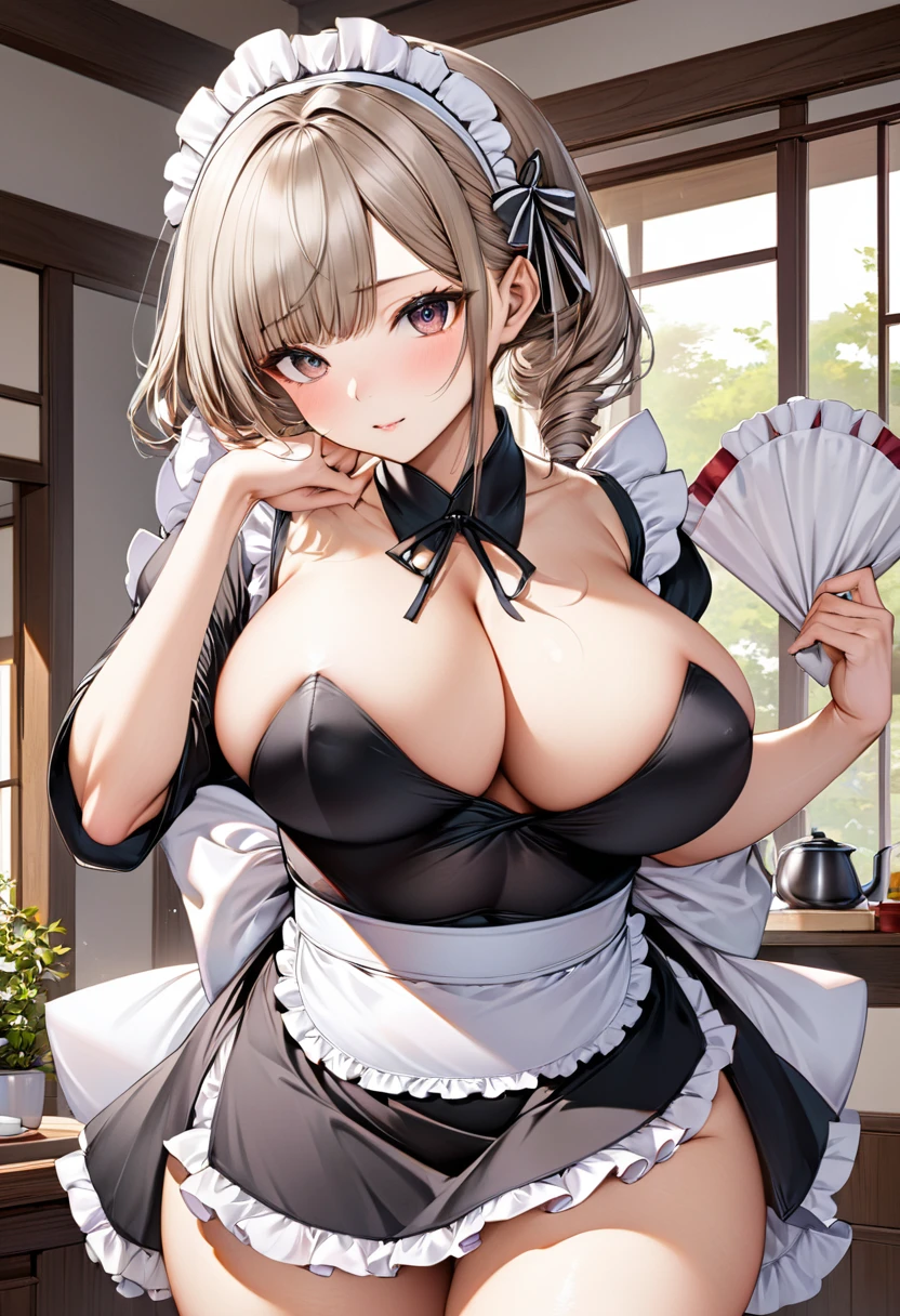 Young beautiful woman,(Highest quality,Extremely detailed depiction,Incredibly absurd high resolution,Anatomically accurate depiction,)(Japanese style maid),A gorgeously patterned kimono,Maid clothes,Maid&#39;s Headband,pantyhose,latex,eyelash,Brightly glowing purple eyes,There is cleavage in the chest,Black Hair,Perfect body,Seductive gestures,background:Japanese-style room at night