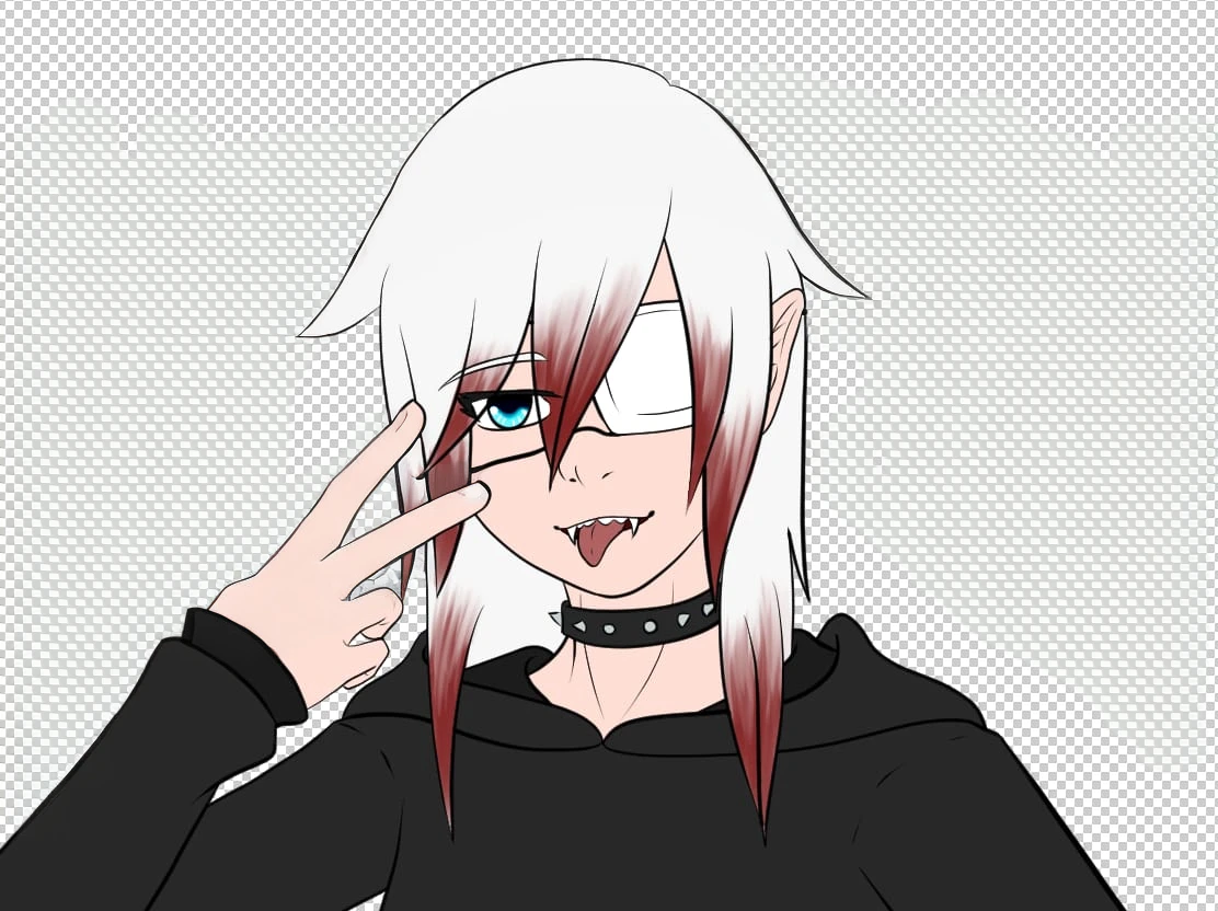 A young woman with white hair and red tips, a vampire, vampire canines, blue eyes, eye patch, short hair, female physique, Discord PfP, fantasy, vampire,long canines, rice teeth