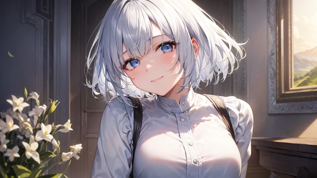 Ultra HD,Look at the viewers, Put your hands behind your back, With a girl, 20-year-old, 非常にShort Hair, Long bangs between the eyes, Pale blue eyes, Very detailed,(masterpiece、Highest quality),Gray Hair、Laughter、Fantastic, Silver Hair, Iris, Short hair、 Fluttering Hair、Small Face、明るいsmile、(Detailed face) ,Professional Lighting,Wonderful landscape,blue sky, sunlight,Looking down from above,Portraiture、Open your mouth、Flower Field、Her eyes were shining、Mysterious and enchanting atmosphere。With AI Painting、とてもShort Hair, Long bangs between the eyes, Very detailed,(masterpiece、Highest quality)、alone、Gray Hair、Fantasy, Silver Hair, Fantasyな風景、White shirt、smile、Open your mouth、short hair、Short Hair、hairpin、black eye、Grey Eyes、Beautiful Eyes、