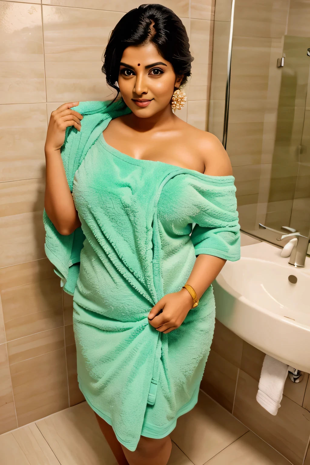 indian aunty wearing a sexy bathroom towel, in a bathroom, chubby figure