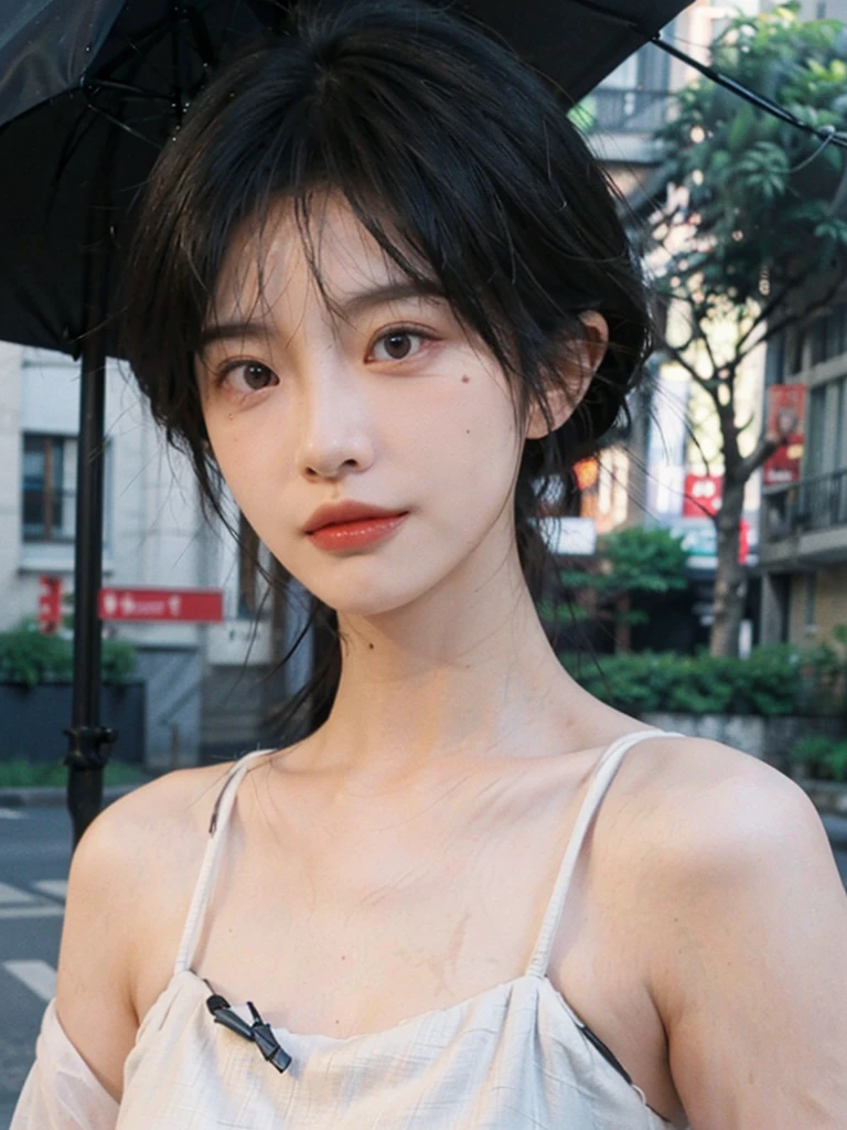 (smooth skin textures:1.3), Lipstick, Upper body,Upper Body,background, earrings, serene, calm, (Dress conservatively:1.6),(Realistic and detailed eyes:1.2), Natural skin texture, Realistic facial details, Soft dramatic lighting, Vivid details, outdoor, (Photo Practical:1.4), (hyper Practical:1.4), (Practical:1.3), (Improve lighting quality:0.9), (Highest quality real skin textures:1.4), (Enhance the beauty of skin texture:1.1), Hair details, model, short hair, Moles under the eyes, Portrait Photography, Depth of Field, Bokeh, Surrealism, Ray Tracing, (Portrait Photography:1.1), Surrealism, High Detail, Chiaroscuro, Ray Tracing, reflected light, Ultra HD, Ultra HD, masterpiece, Textured Skin, Super Detail, High Detail, high quality, best quality