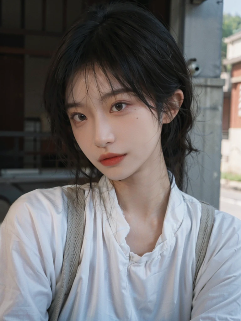 (smooth skin textures:1.3), Lipstick, Upper body,Upper Body,background, earrings, serene, calm, (Dress conservatively:1.6),(Realistic and detailed eyes:1.2), Natural skin texture, Realistic facial details, Soft dramatic lighting, Vivid details, outdoor, (Photo Practical:1.4), (hyper Practical:1.4), (Practical:1.3), (Improve lighting quality:0.9), (Highest quality real skin textures:1.4), (Enhance the beauty of skin texture:1.1), Hair details, model, short hair, Moles under the eyes, Portrait Photography, Depth of Field, Bokeh, Surrealism, Ray Tracing, (Portrait Photography:1.1), Surrealism, High Detail, Chiaroscuro, Ray Tracing, reflected light, Ultra HD, Ultra HD, masterpiece, Textured Skin, Super Detail, High Detail, high quality, best quality
