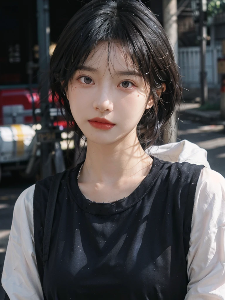 (smooth skin textures:1.3), Lipstick, Upper body,Upper Body,background, earrings, serene, calm, (Dress conservatively:1.6),(Realistic and detailed eyes:1.2), Natural skin texture, Realistic facial details, Soft dramatic lighting, Vivid details, outdoor, (Photo Practical:1.4), (hyper Practical:1.4), (Practical:1.3), (Improve lighting quality:0.9), (Highest quality real skin textures:1.4), (Enhance the beauty of skin texture:1.1), Hair details, model, short hair, Moles under the eyes, Portrait Photography, Depth of Field, Bokeh, Surrealism, Ray Tracing, (Portrait Photography:1.1), Surrealism, High Detail, Chiaroscuro, Ray Tracing, reflected light, Ultra HD, Ultra HD, masterpiece, Textured Skin, Super Detail, High Detail, high quality, best quality