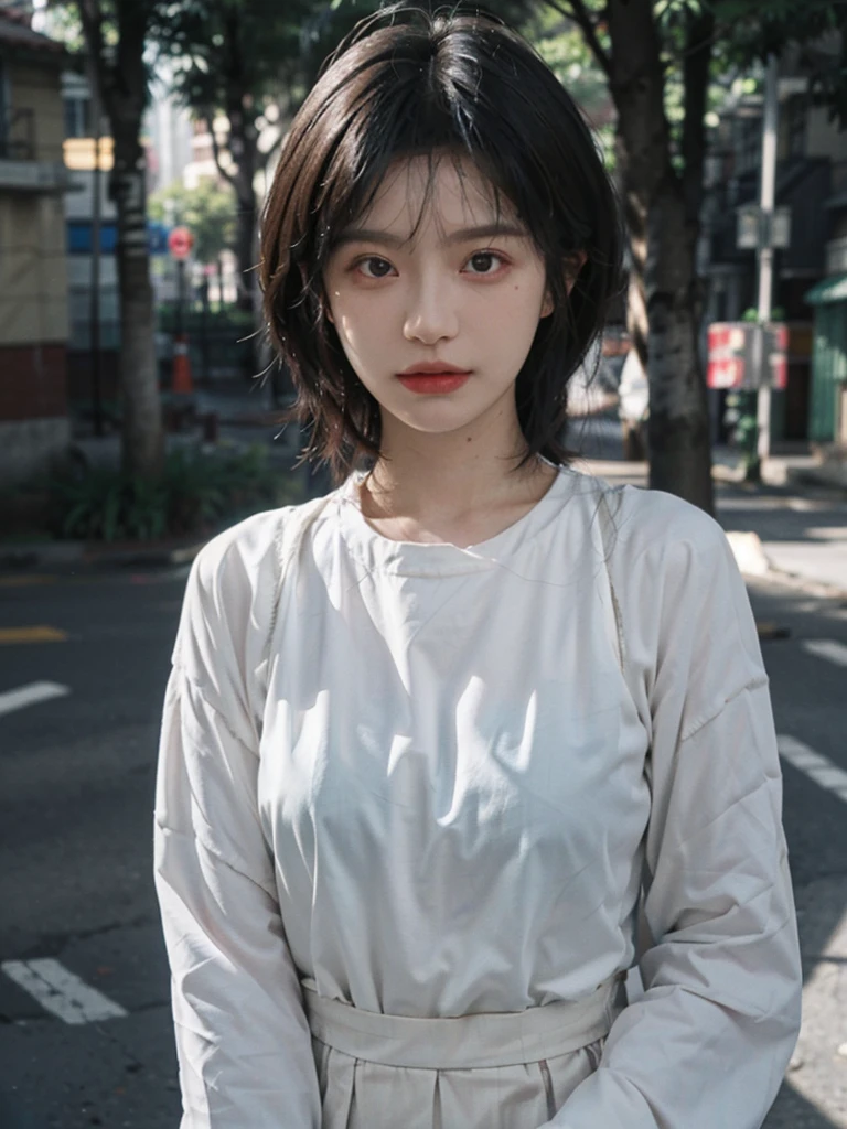 (smooth skin textures:1.3), Lipstick, Upper body,Upper Body,background, earrings, serene, calm, (Dress conservatively:1.6),(Realistic and detailed eyes:1.2), Natural skin texture, Realistic facial details, Soft dramatic lighting, Vivid details, outdoor, (Photo Practical:1.4), (hyper Practical:1.4), (Practical:1.3), (Improve lighting quality:0.9), (Highest quality real skin textures:1.4), (Enhance the beauty of skin texture:1.1), Hair details, model, short hair, Moles under the eyes, Portrait Photography, Depth of Field, Bokeh, Surrealism, Ray Tracing, (Portrait Photography:1.1), Surrealism, High Detail, Chiaroscuro, Ray Tracing, reflected light, Ultra HD, Ultra HD, masterpiece, Textured Skin, Super Detail, High Detail, high quality, best quality