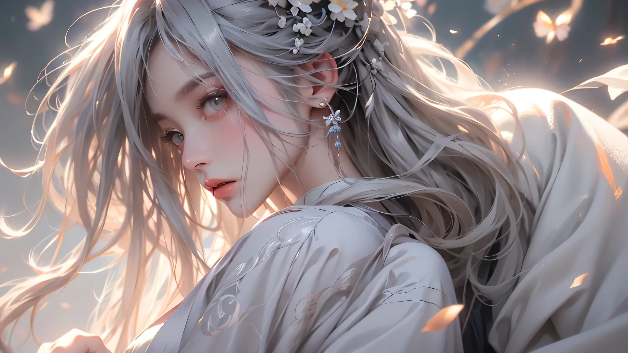 super high quality, masterpiece, Perfect illustration, Very detailed (Exquisite light and shadow, Very dramatic photo,Backlight) , ((Gray Hair:1.5))1 Girl,(( alone:1.6)), (Wearing Han clothes, Black and white Hanfu,Monotony,Long sleeve) Flower Field, Flowers, (White smoke:1.3) (Realistic:1.4), Zen Intertwining, Tangled, Official Art, unity 8k wallpaper, Very detailed, Beautiful and beautiful, masterpiece, Highest quality, (Dynamic Angle: 1.4), Glowing Skin, (Floating colorful flashes: 1) The most beautiful chaotic shapes, elegant, Brutalist Design, Bright colors, Romantic Depth of Field Exotic_dance, half_naked、Expose your shoulders、Ample breasts、Great cleavage、